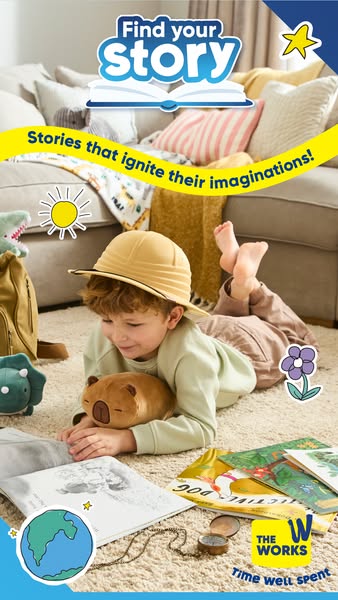 This ad shows a young child playing with storybooks and plush toys in a comfortable, carpeted living room. The ad aims t