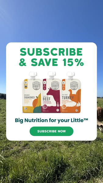 This ad for Serenity Kids baby food features a subscription offer. The ad is set on an outdoor background of a green fie