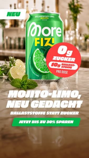 This image ad promotes More FIZ! Mojito-Limo, a fiber-filled mojito-flavored soda with no sugar. The ad highlights the h