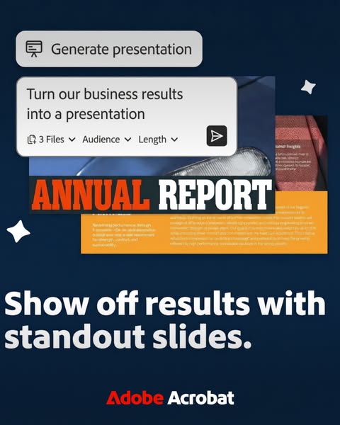 An ad promoting Adobe Acrobat's new feature to turn business results into a presentation. It highlights the ease of 