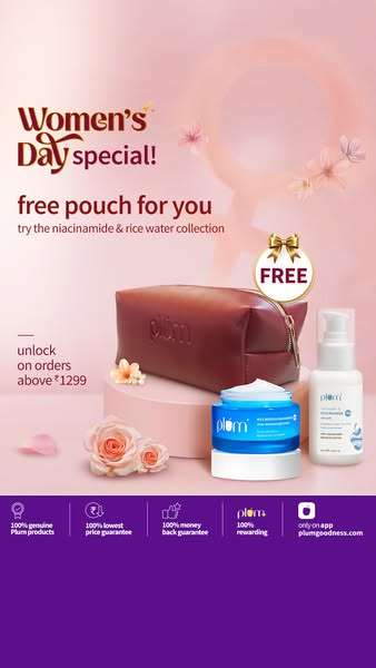 The image ad promotes Plum's niacinamide and rice water collection for Women's Day, offering a free pouch with o