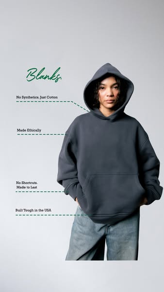 This ad highlights the features of a cotton hoodie made in the USA. It emphasizes the absence of synthetic materials, et
