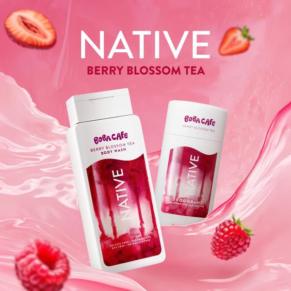 This ad showcases the Native brand's Berry Blossom Tea body wash and deodorant, emphasizing their collaboration with