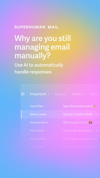 The ad presents Superhuman Mail, an AI-powered email management tool, by highlighting the inefficiency of manual email h
