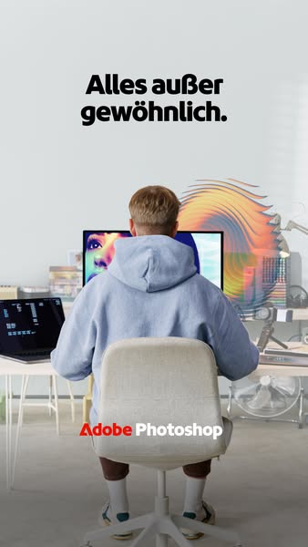 This image ad for Adobe Photoshop features a person sitting at a desk working on a computer. The tagline is "Alles 