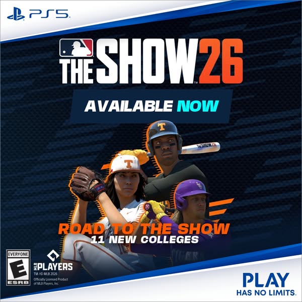 This is an image ad for MLB The Show 26. It features 3 college players and promotes the Road to the Show feature.