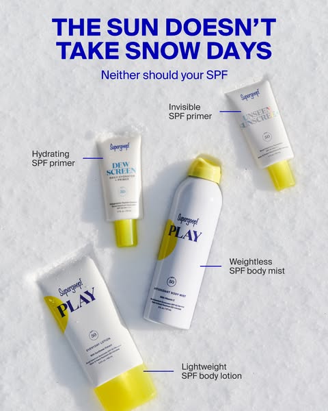 This ad features four Supergoop! sunscreen products on a snowy background. The headline emphasizes the importance of wea