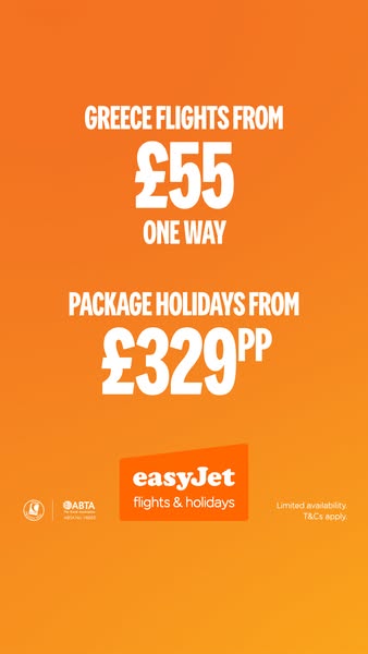This image ad promotes EasyJet flights and package holidays to Greece. It highlights the low prices and encourages viewe