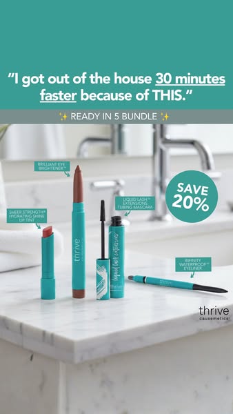 This ad promotes a bundle of five Thrive Causemetics products designed to help streamline your beauty routine. The ad fe
