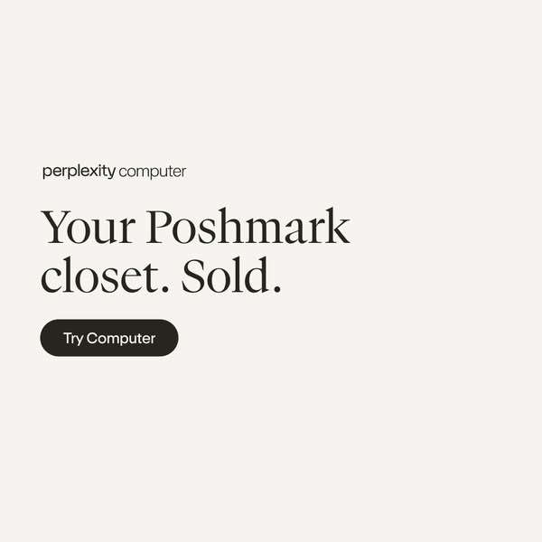 The ad is for Perplexity computer. It has a tan background with text that reads, "Your Poshmark closet. Sold."