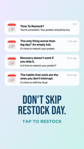 An ad for protein that shows push notifications reminding people to restock their protein.