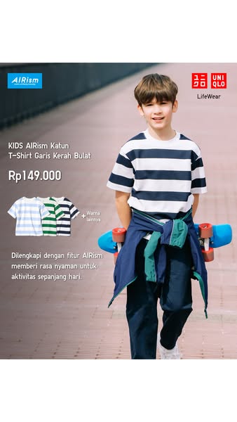 This image ad showcases the KIDS AIRism Katun T-Shirt Garis Kerah Bulat from UNIQLO, highlighting its AIRism feature for