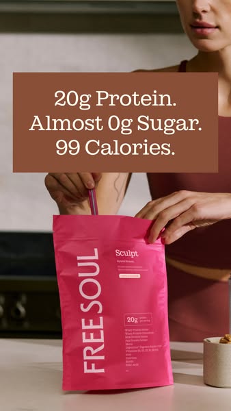 This ad for Free Soul features a woman preparing a drink using Free Soul's Sculpt protein powder. The ad highlights 
