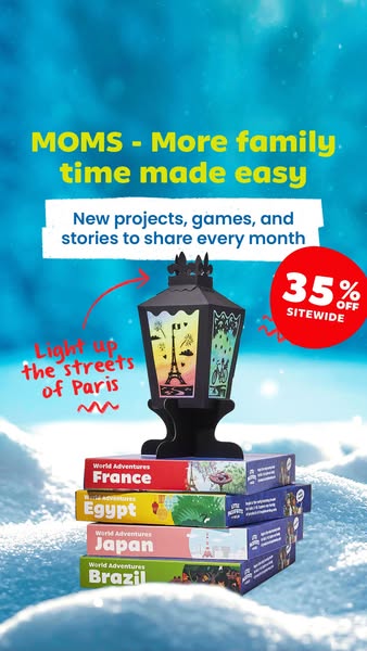 This ad promotes Little Passports, a subscription box service that provides monthly projects, games, and stories for fam