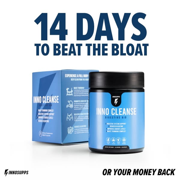 This image ad promotes Inno Cleanse, a digestive aid supplement from Inno Supps, promising to beat bloating in 14 days o