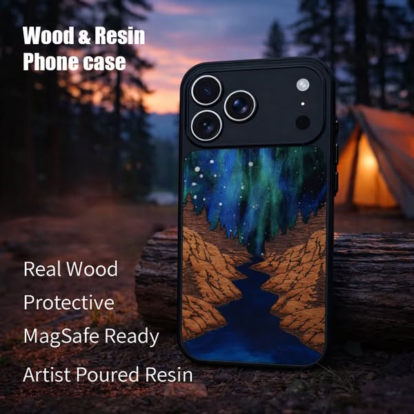 Ad for a wood and resin phone case that has an image of the northern lights on it. The ad lists the features of the phon