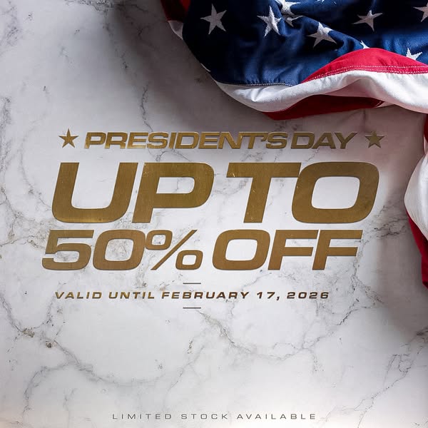This image promotes a President's Day sale, offering up to 50% off. The promotion is valid until February 17, 2026, 