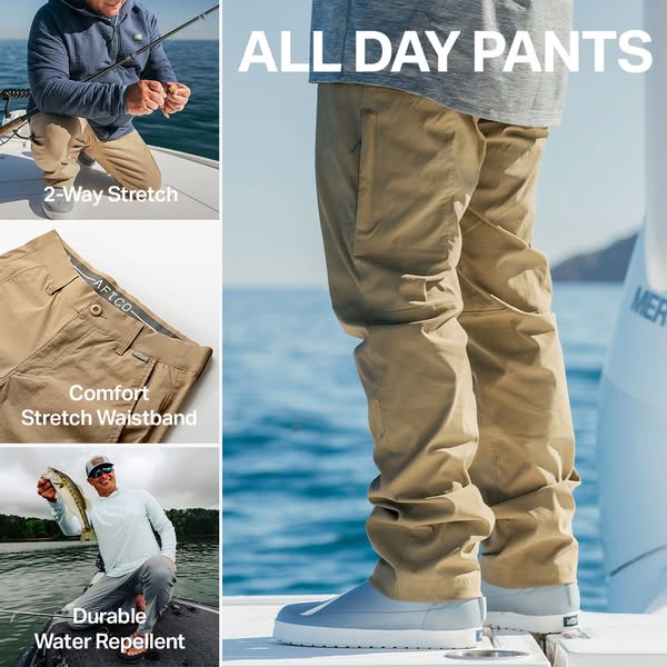 This image ad showcases AFTCO's All Day Pants, highlighting their features such as 2-way stretch, comfort stretch wa