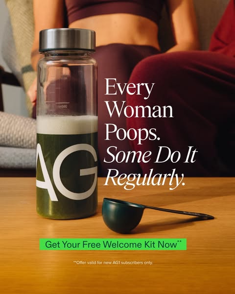 An image ad for AG1 features their greens supplement drink in a glass bottle, next to a woman in workout clothes sitting