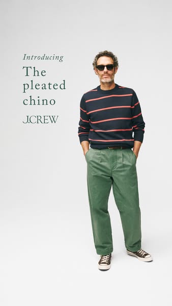 The ad is a product showcase for the J. Crew pleated chino. A man is shown wearing the product, and the ad copy simply s