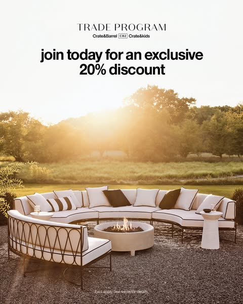 This image ad is promoting the Crate & Barrel Trade Program and offering an exclusive 20% discount to those who join