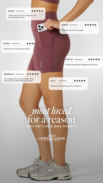 An image ad featuring Lorna Jane bike shorts uses customer testimonials and visual cues to highlight the shorts' com