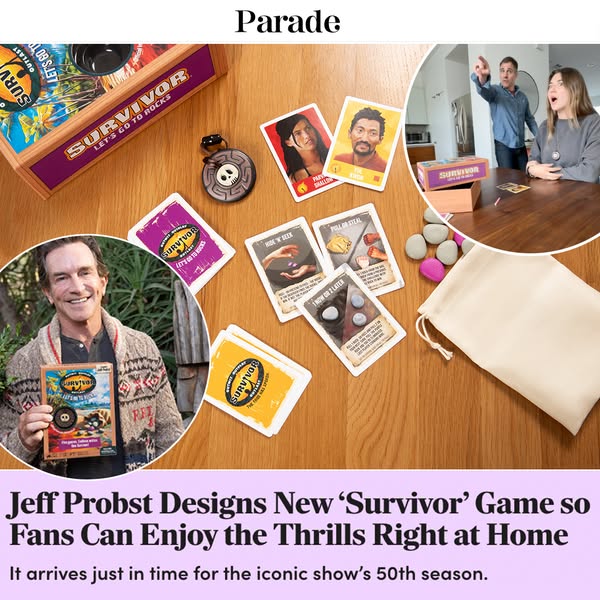 This image ad showcases the 'Survivor' game designed by Jeff Probst, emphasizing its ability to bring the show&#
