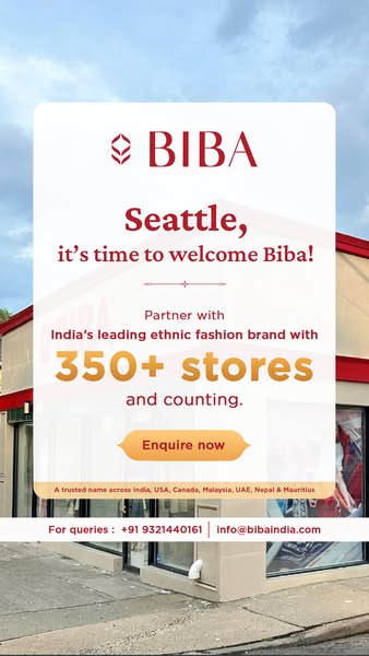 This image ad announces the opening of a Biba ethnic fashion store in Seattle, highlighting the brand's extensive pr