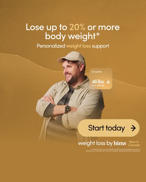 This ad promotes weight loss by hims, promising up to 20% or more body weight loss with personalized support. The ad fea