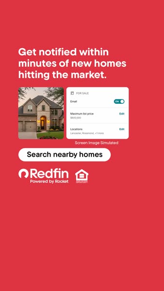 This ad promotes Redfin's service of sending notifications when new homes are listed. It features a simulated mobile
