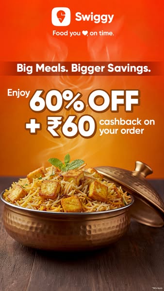 This image ad promotes Swiggy, a food delivery service, by offering a discount of 60% off plus ₹60 cashback on orders, h