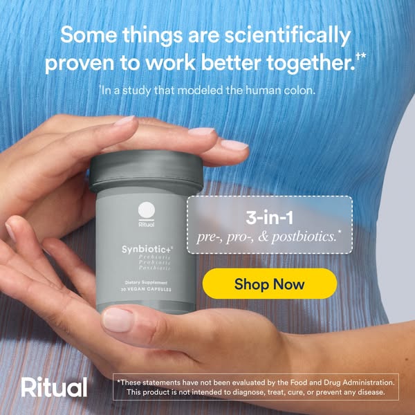 The image ad features Ritual's Synbiotic+ supplement, emphasizing its comprehensive 3-in-1 pre-, pro-, and postbioti