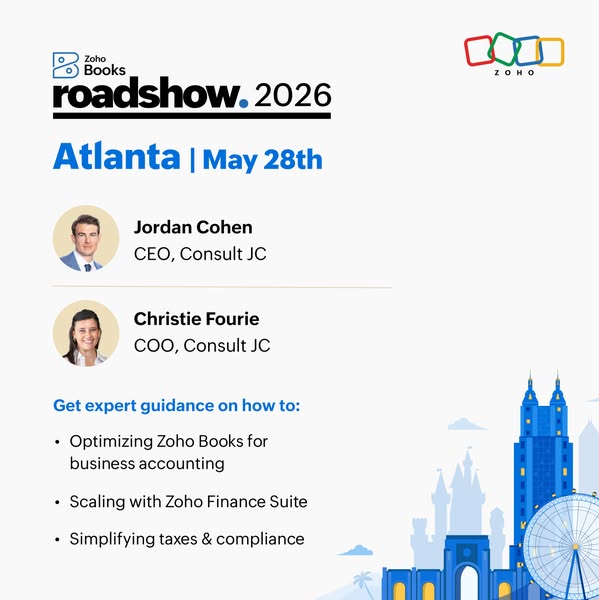 This ad promotes the Zoho Books Roadshow 2026 event in Atlanta on May 28th. It features photos and titles of two speaker