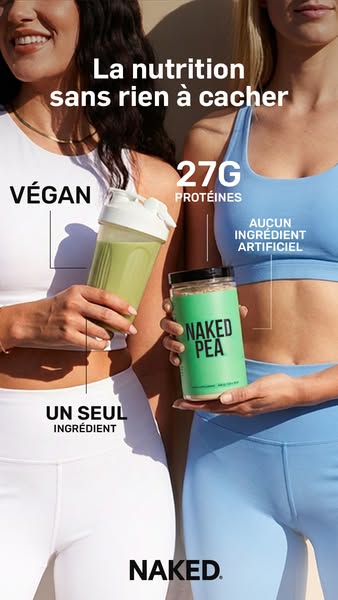 This image ad showcases Naked Pea protein powder. It uses a clean, minimalistic design with two models and clear text ov