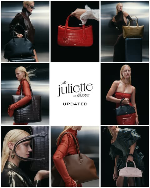 A grid of images showing the same handbag design in different colors in use with models.