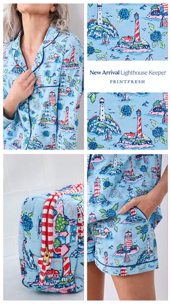 This image ad features a woman modeling light blue pajamas with a lighthouse print. The ad also highlights a matching tr