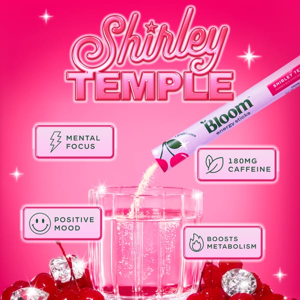 This ad promotes Bloom energy sticks in a Shirley Temple flavor. The ad features a drink being made and then calls out t