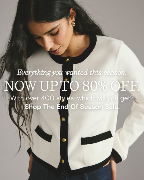 This image ad features a model wearing clothing from an end-of-season sale, with text overlay highlighting the discount 