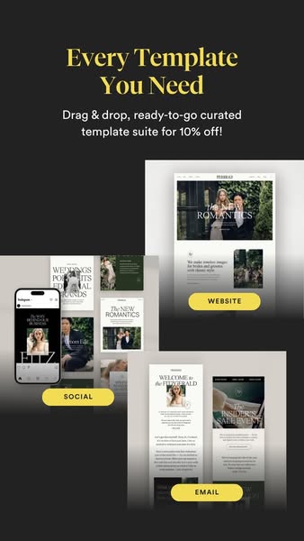 This ad showcases a drag & drop, ready-to-go curated template suite for various platforms, offered at a 10% discount