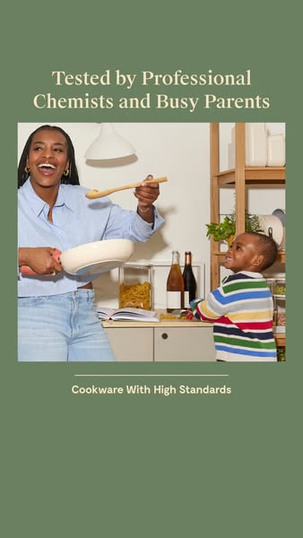 An ad for cookware targeted towards busy parents who are conscious of materials and ingredients used in their cookware, 