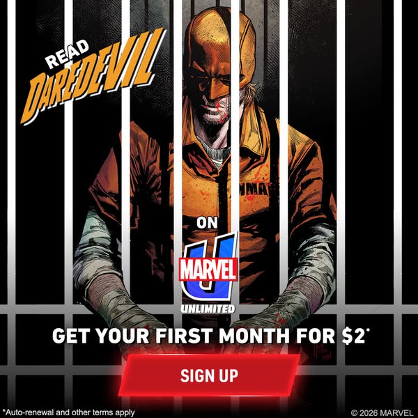 This image ad promotes Marvel Unlimited with a special offer to read Daredevil.