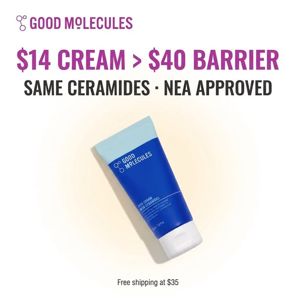 This ad for Good Molecules highlights the value of the brand's ceramide cream. It emphasizes that it is a $14 cream 