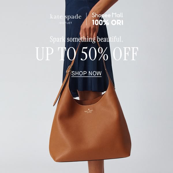 This Kate Spade ad features a single medium-brown shoulder bag worn by a model. The ad highlights a promotion of up to 5