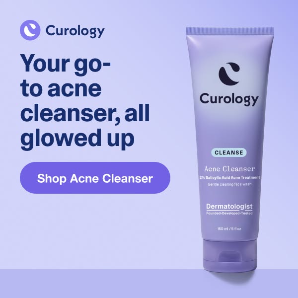 This image ad for Curology's acne cleanser features the product prominently against a solid background. The headline