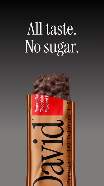 A digital ad for David protein bars. The image shows a protein bar with the text "All taste. No sugar." The ad