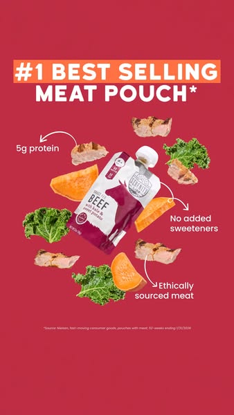 This ad for Serenity Kids meat pouches highlights the nutritional value and ethical sourcing of the product. The ad pres