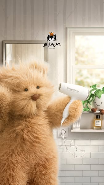This ad shows an animated bear using a hairdryer in the bathroom with other Jellycat products.