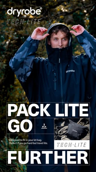 This image ad promotes the dryrobe TECH-LITE changing robe as a packable and lightweight option for outdoor enthusiasts.