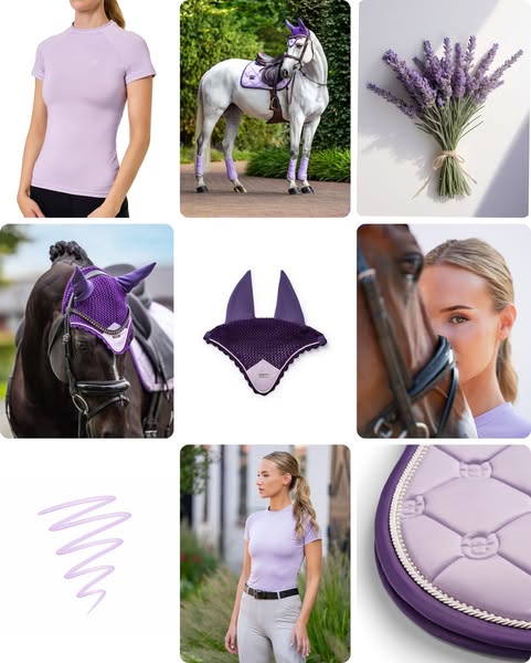 This image ad showcases products for horses and their riders in a lavender color story. The ad features apparel for huma