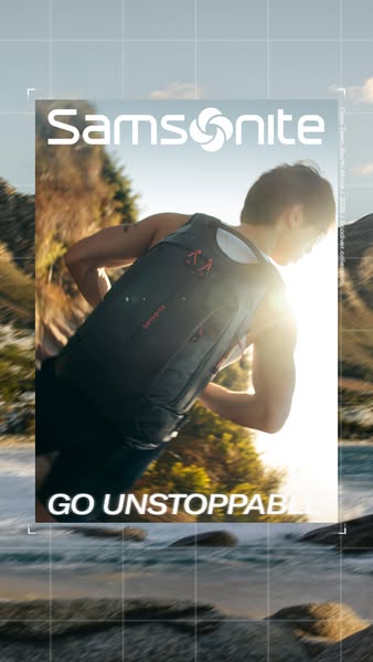 This image ad showcases a Samsonite backpack as worn by a man running outside. The creative emphasizes freedom, movement